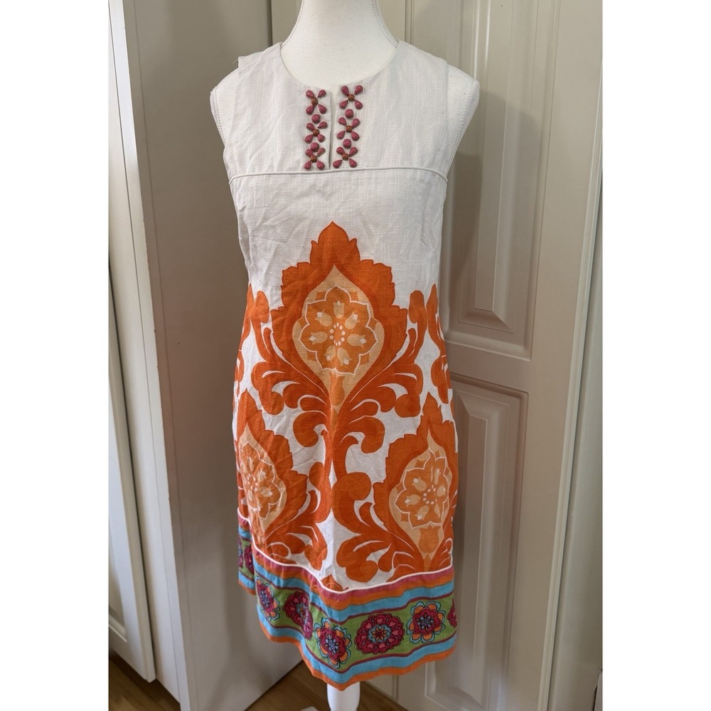 Laundry by Shelli Segal Linen Blend Shift Dress White Orange Floral Mod Size 6